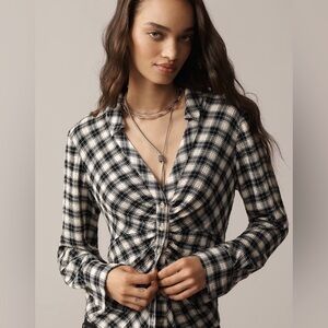 Anthropologie Pilcro The Keaton Ruched Collared Blouse in Black & White Plaid XS